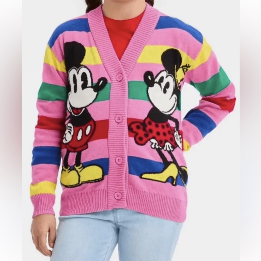 Disney 100‎ NWT Retro Reimagined Youth XL Minnie Mouse Striped cardigan Sweater